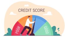 Infographic of a man pushing a credit score metre from poor to good.