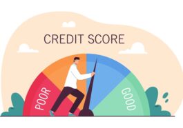 Infographic of a man pushing a credit score metre from poor to good.