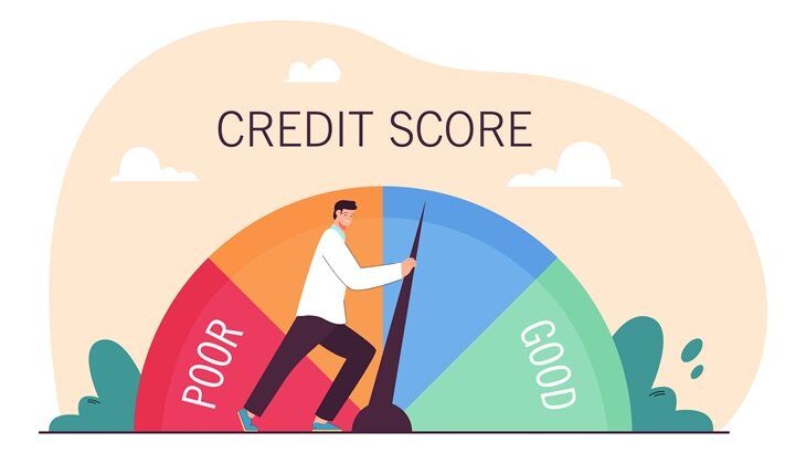 Infographic of a man pushing a credit score metre from poor to good.